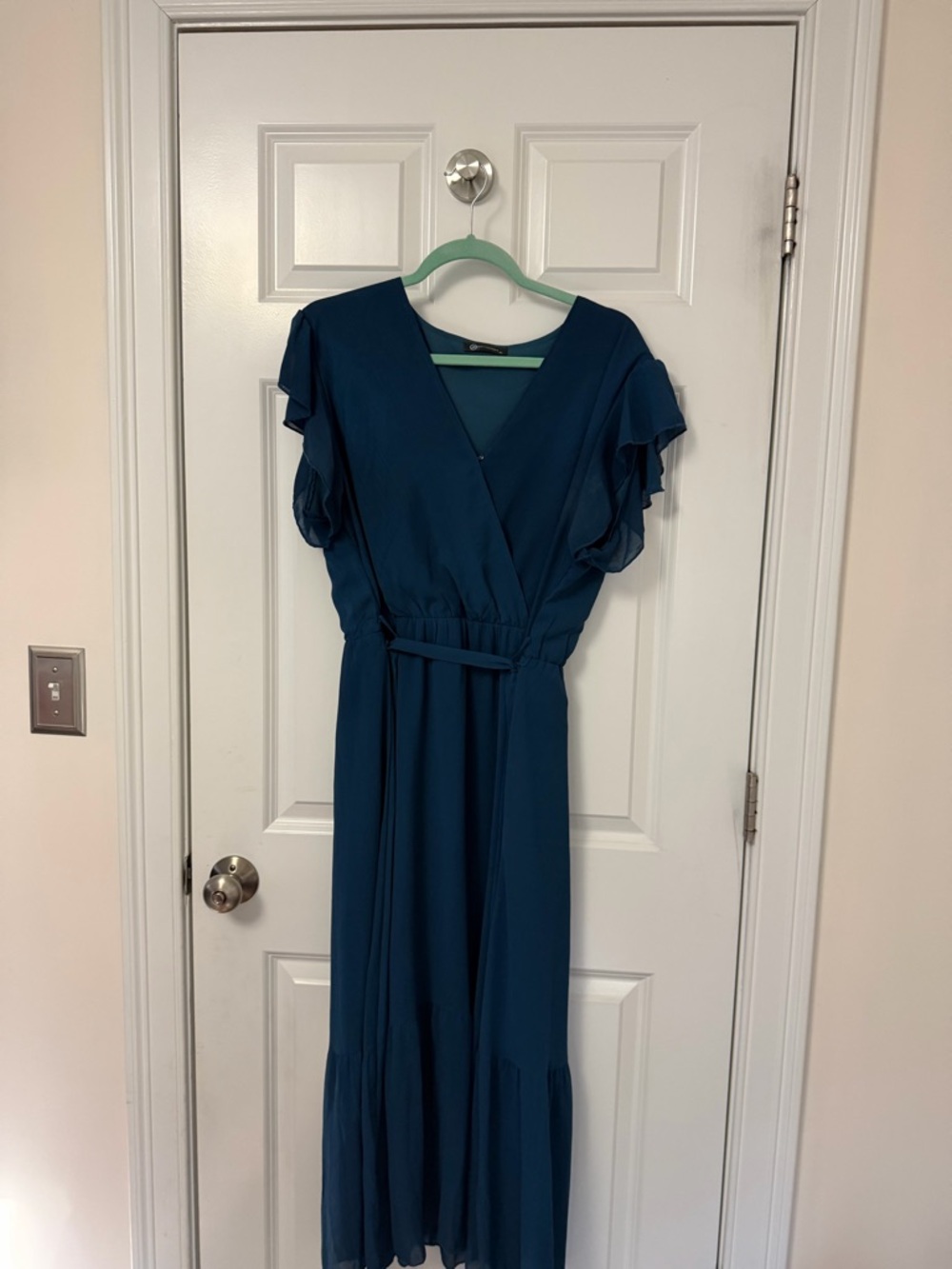 Women's Teal Wrap Maxi Dress with Flutter Sleeves